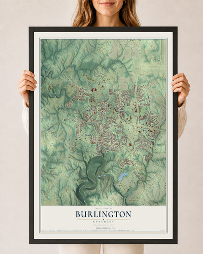 Map of Burlington, Kentucky, 24 x 36 inch print in a black wood frame