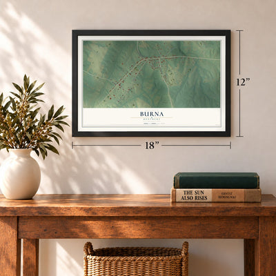 Burna, Kentucky map, 12 x 18 inch print in a black frame in an entryway