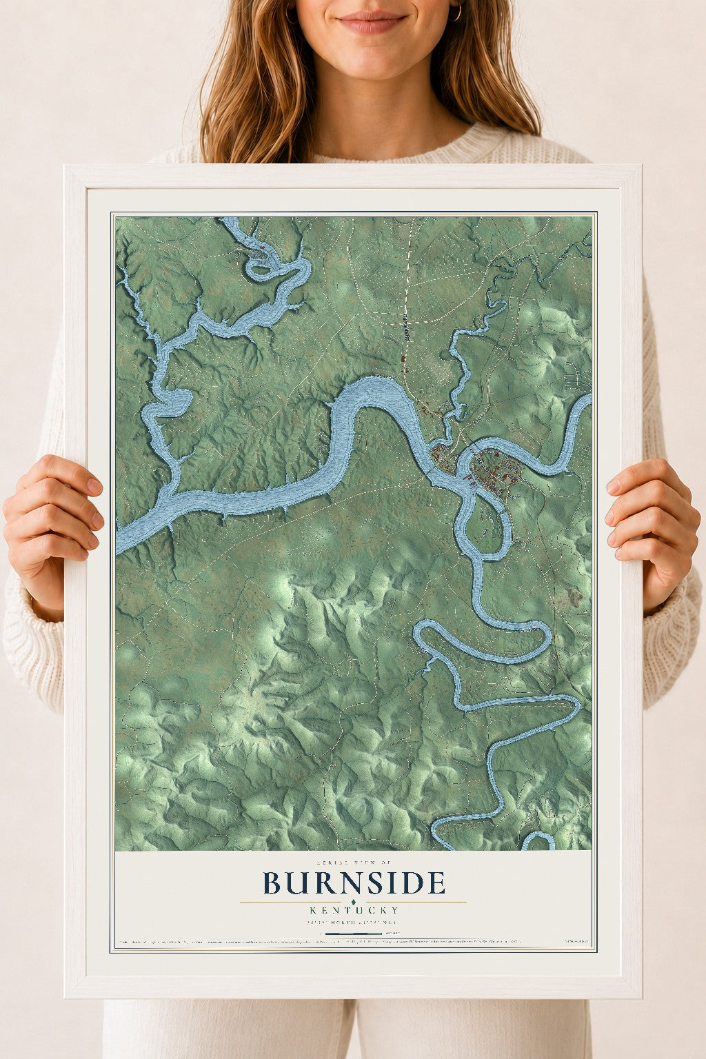 Map of Burnside, Kentucky, 18 x 24 inch print in a white wood frame