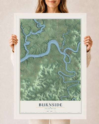 Map of Burnside, Kentucky, 24 x 36 inch print in a white wood frame