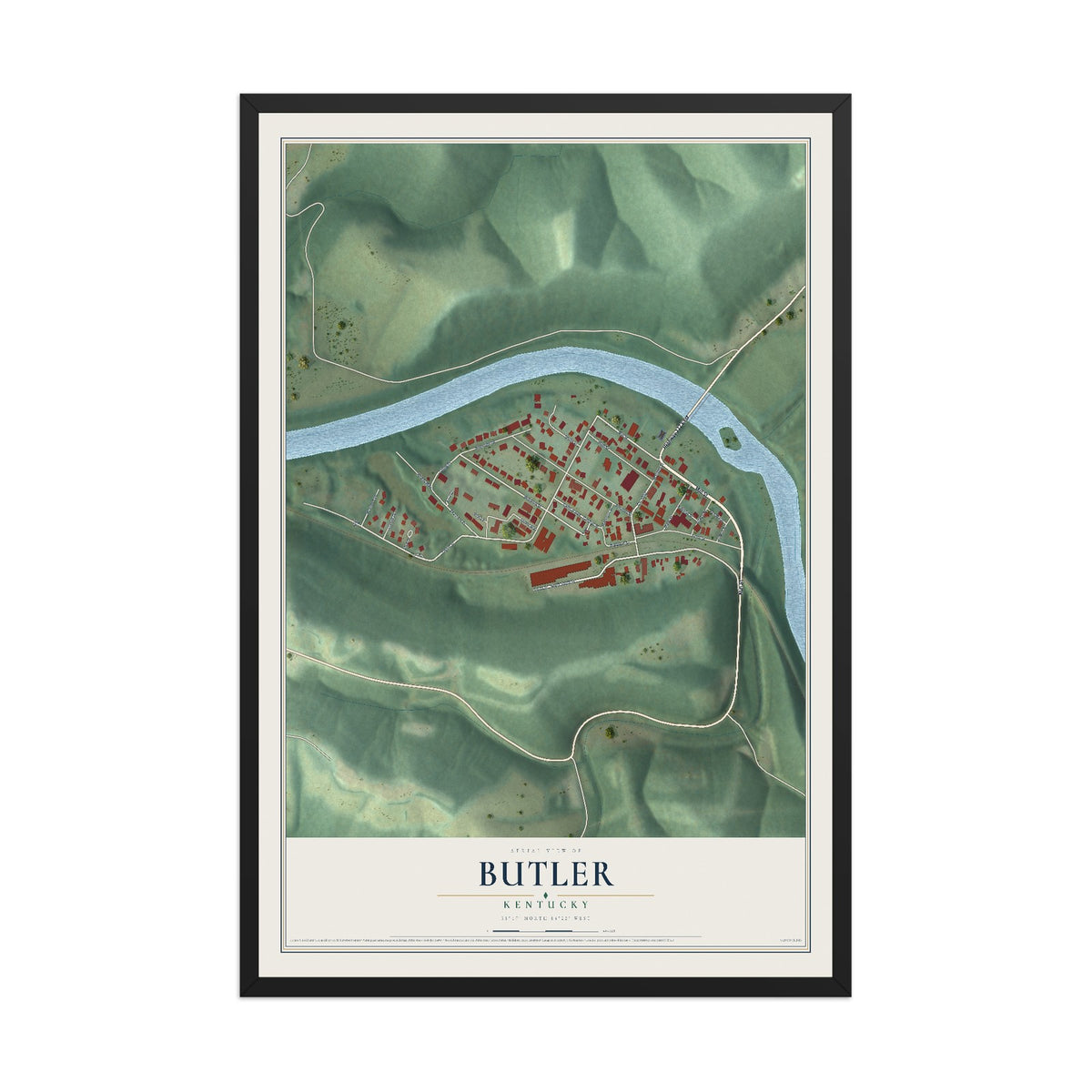 Map of Butler, Kentucky, 12 x 18 inch print in a black wood frame
