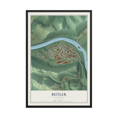 Map of Butler, Kentucky, 12 x 18 inch print in a black wood frame
