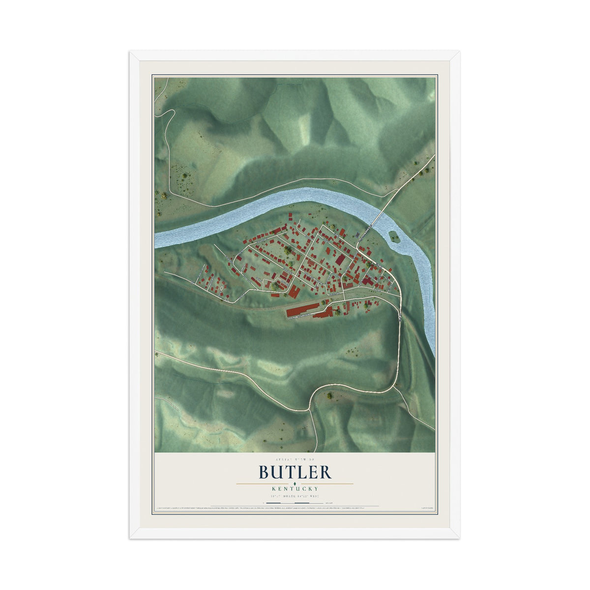 Map of Butler, Kentucky, 12 x 18 inch print in a white wood frame