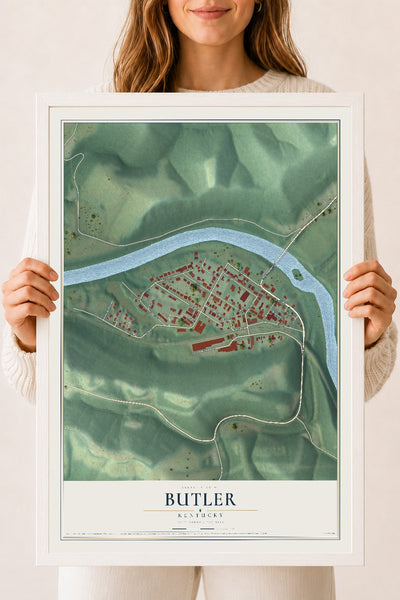 Map of Butler, Kentucky, 18 x 24 inch print in a white wood frame