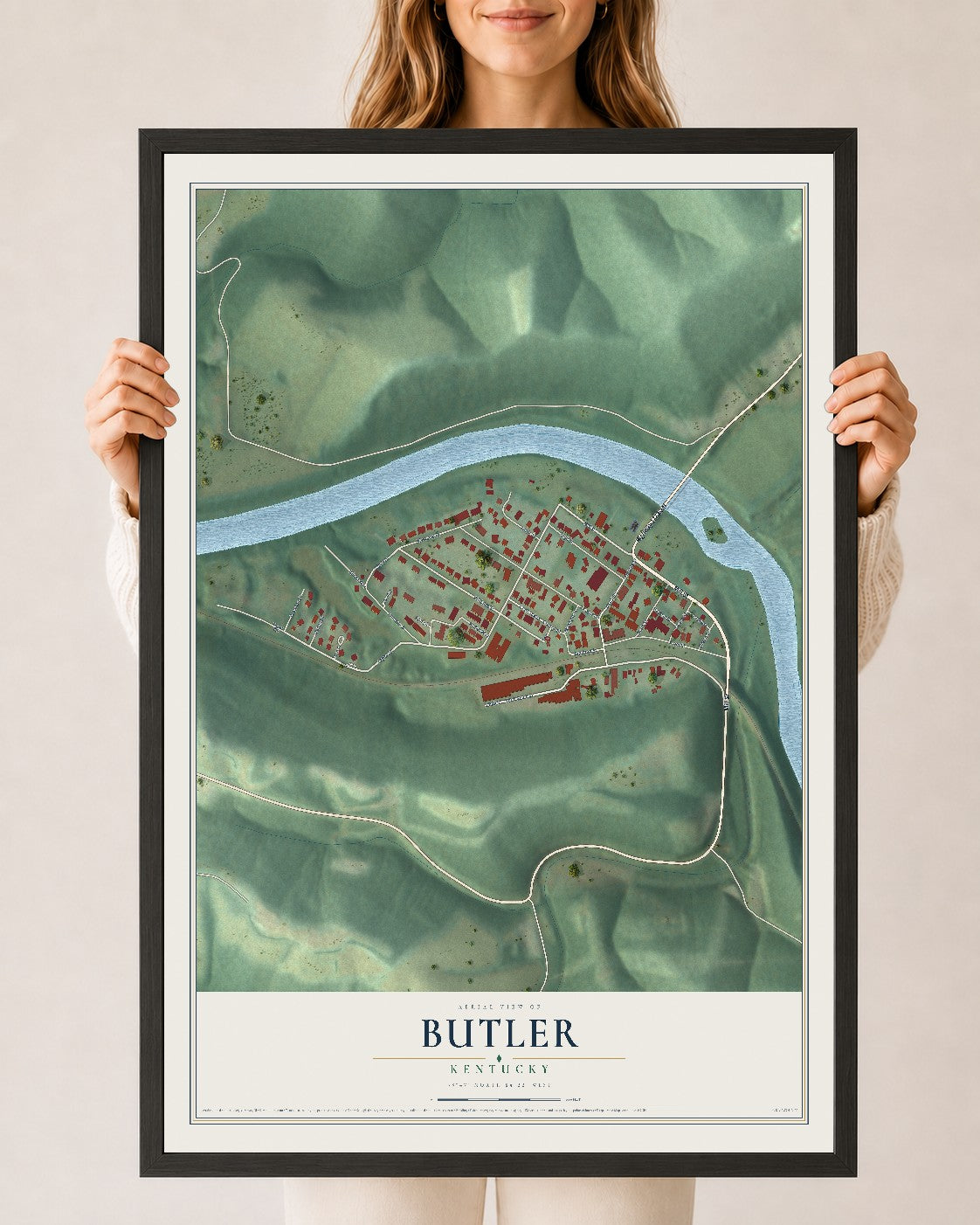 Map of Butler, Kentucky, 24 x 36 inch print in a black wood frame