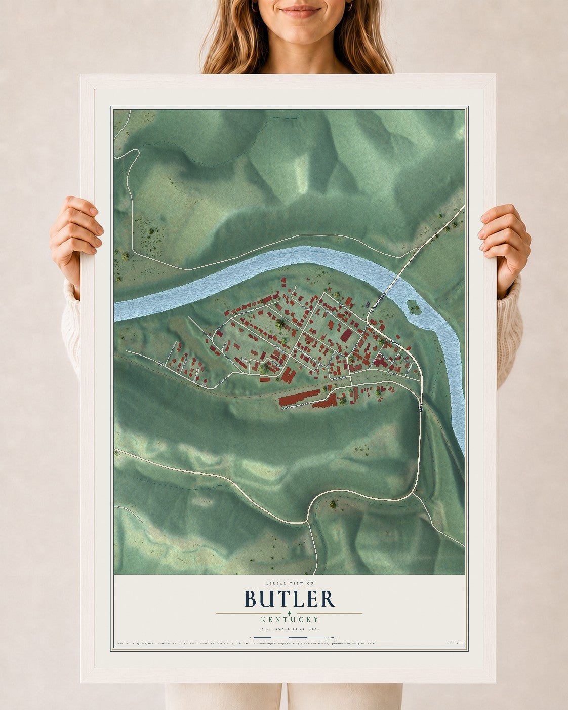 Map of Butler, Kentucky, 24 x 36 inch print in a white wood frame