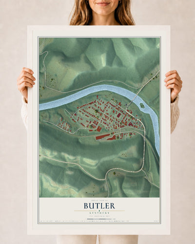 Map of Butler, Kentucky, 24 x 36 inch print in a white wood frame