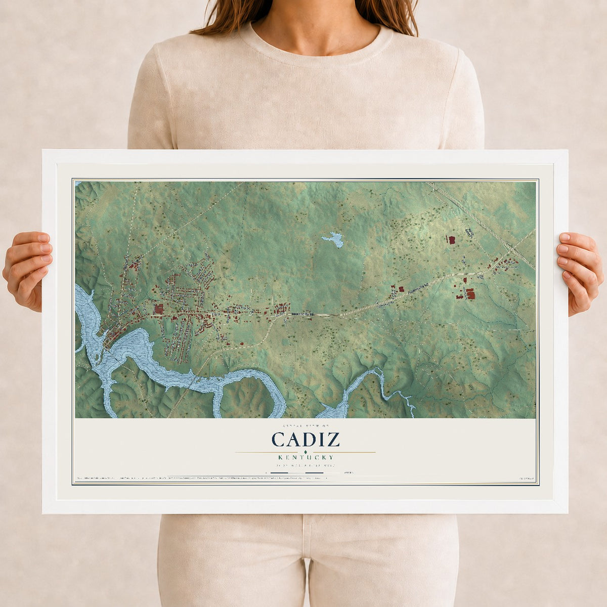 Map of Cadiz, Kentucky, 12 x 18 inch print in a white wood frame