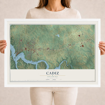 Map of Cadiz, Kentucky, 18 x 24 inch print in a white wood frame