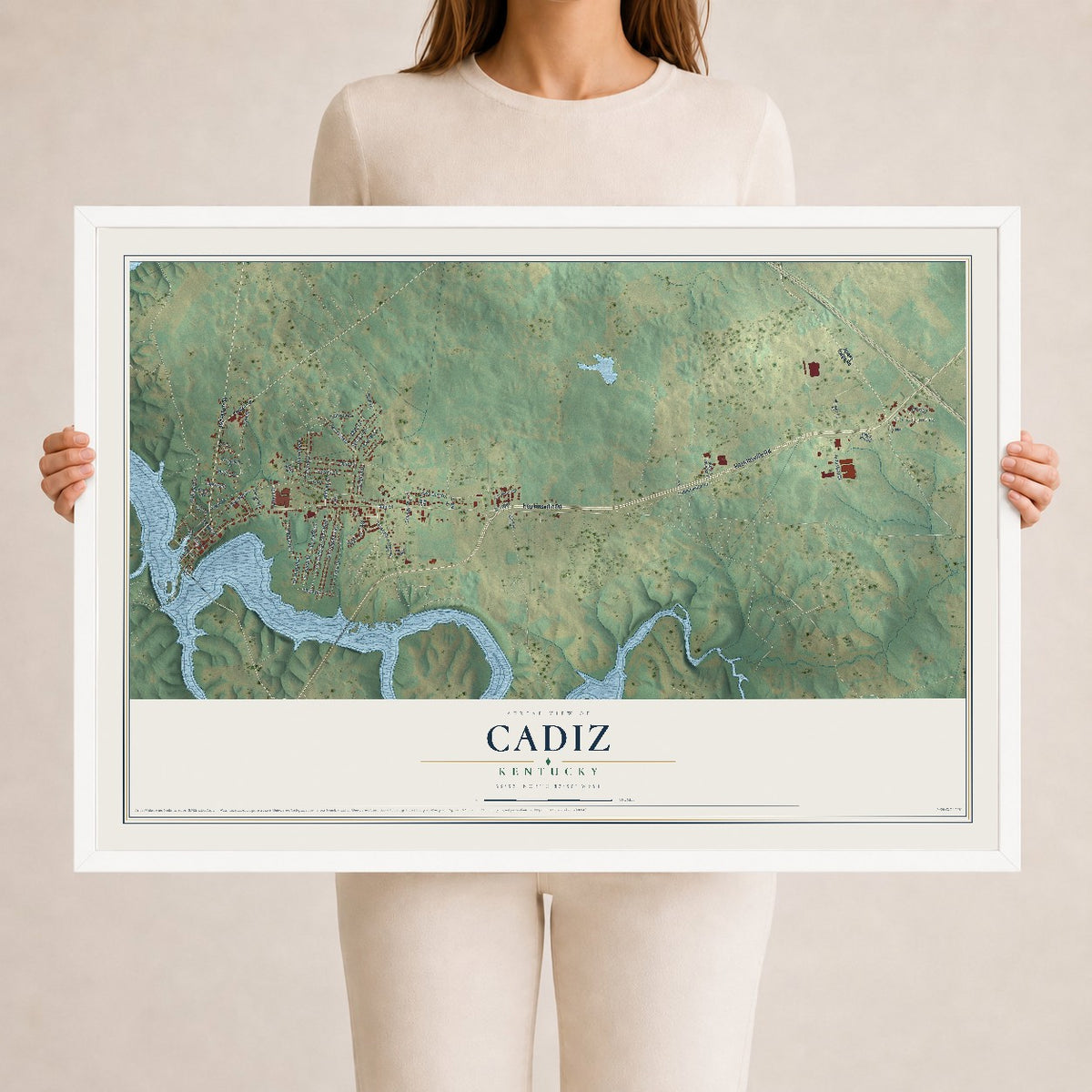 Map of Cadiz, Kentucky, 24 x 36 inch print in a white wood frame