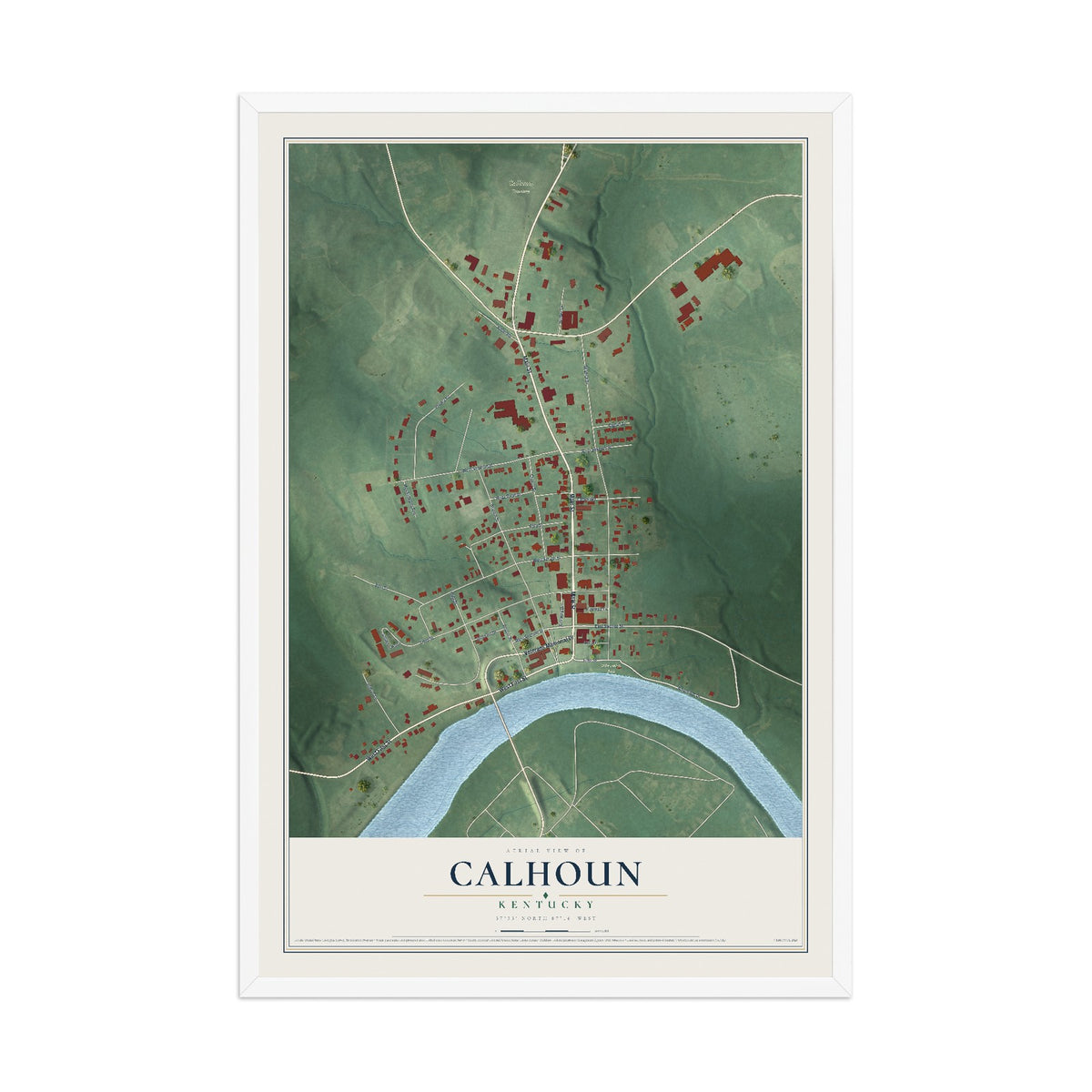 Map of Calhoun, Kentucky, 12 x 18 inch print in a white wood frame