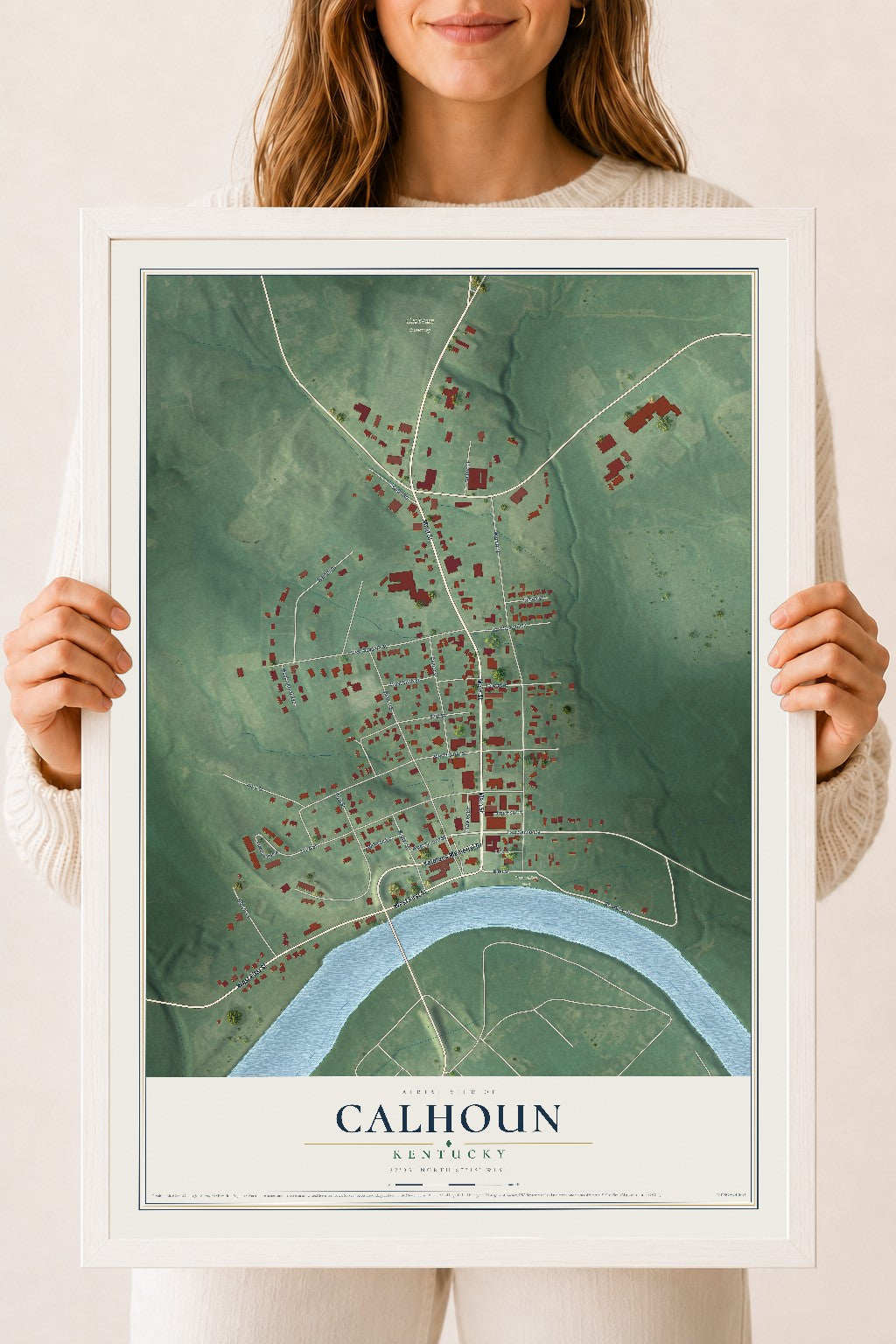 Map of Calhoun, Kentucky, 18 x 24 inch print in a white wood frame