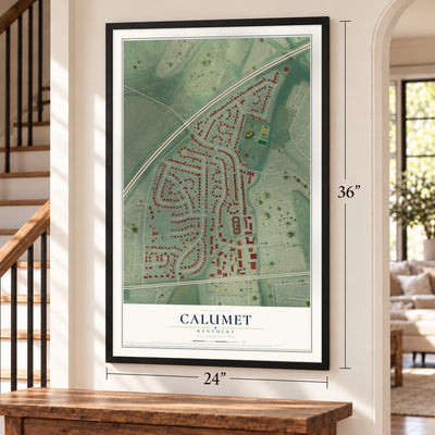 Calumet, Kentucky map, 24 x 36 inch print in a black frame by a staircase