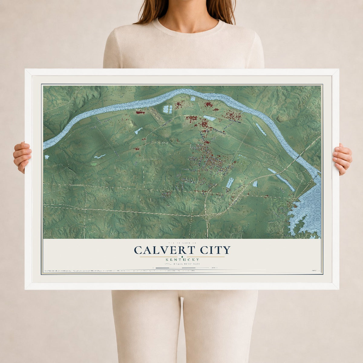 Map of Calvert City, Kentucky, 24 x 36 inch print in a white wood frame