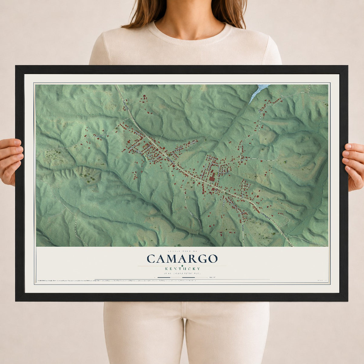 Map of Camargo, Kentucky, 18 x 24 inch print in a black wood frame