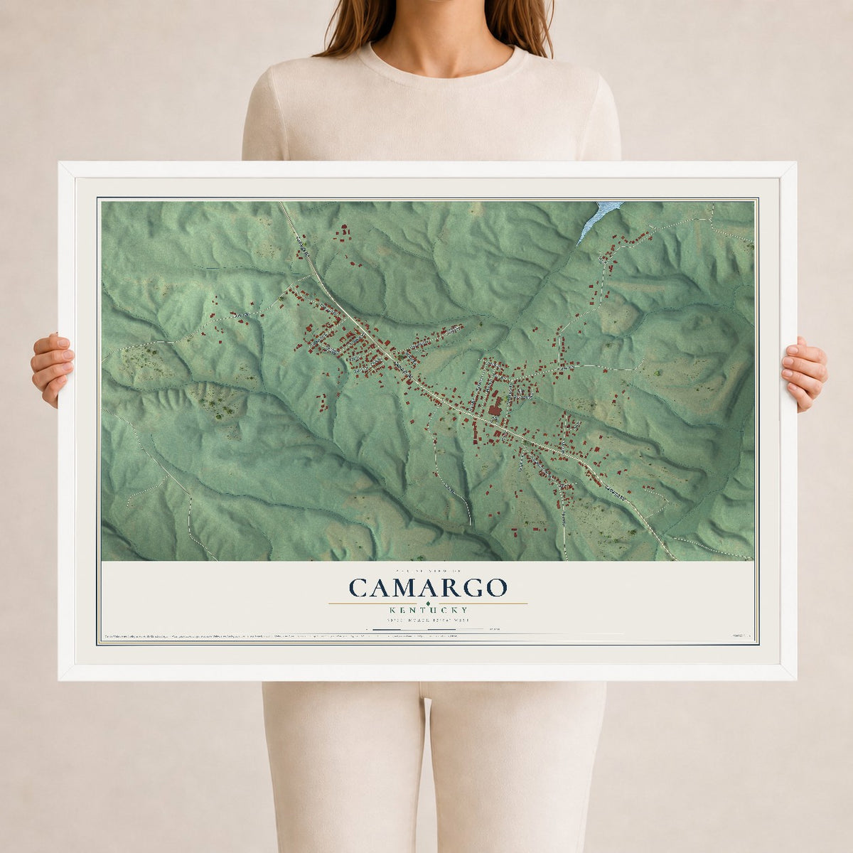 Map of Camargo, Kentucky, 24 x 36 inch print in a white wood frame