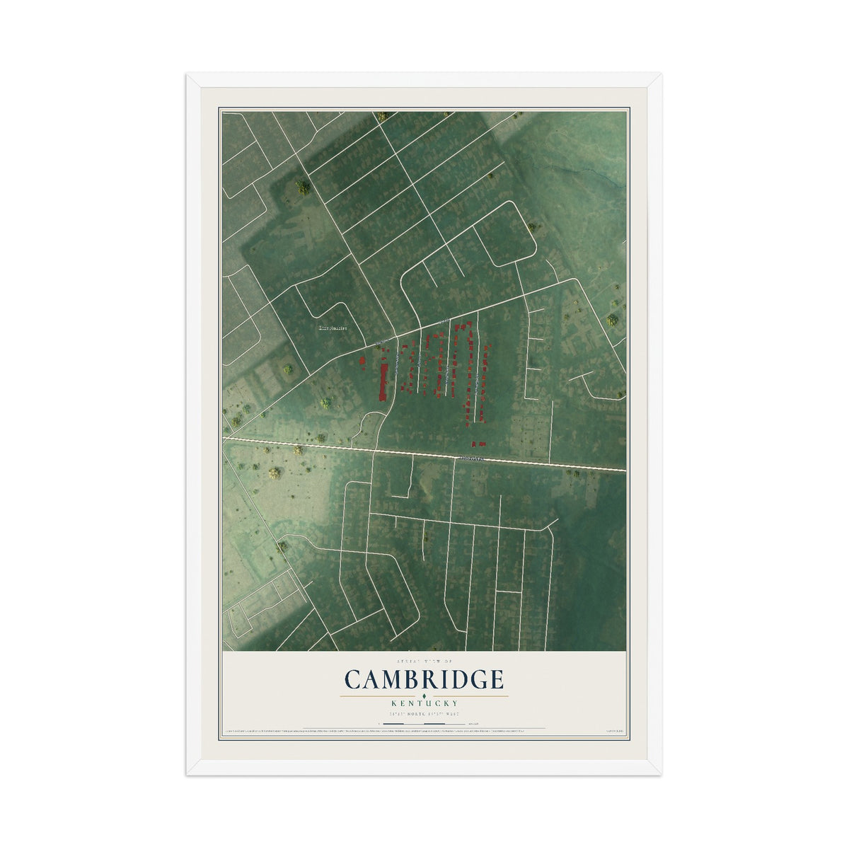 Map of Cambridge, Kentucky, 12 x 18 inch print in a white wood frame