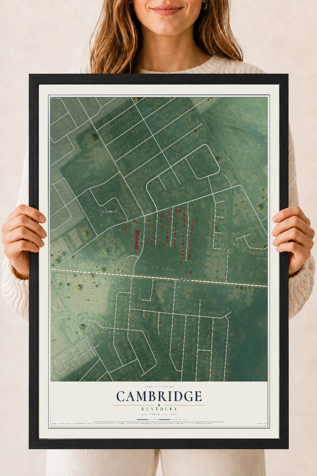Map of Cambridge, Kentucky, 18 x 24 inch print in a black wood frame