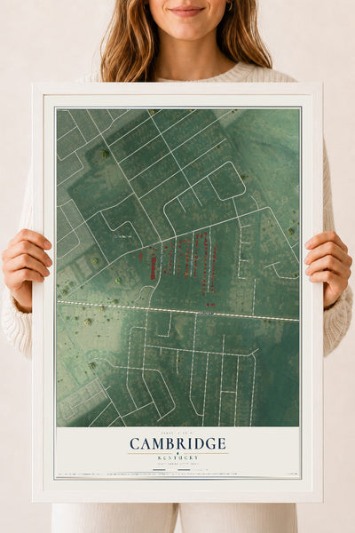 Map of Cambridge, Kentucky, 18 x 24 inch print in a white wood frame
