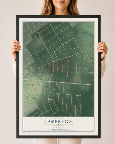 Map of Cambridge, Kentucky, 24 x 36 inch print in a black wood frame