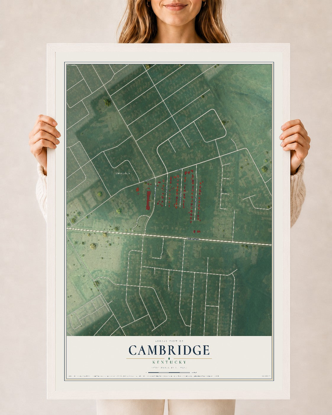 Map of Cambridge, Kentucky, 24 x 36 inch print in a white wood frame