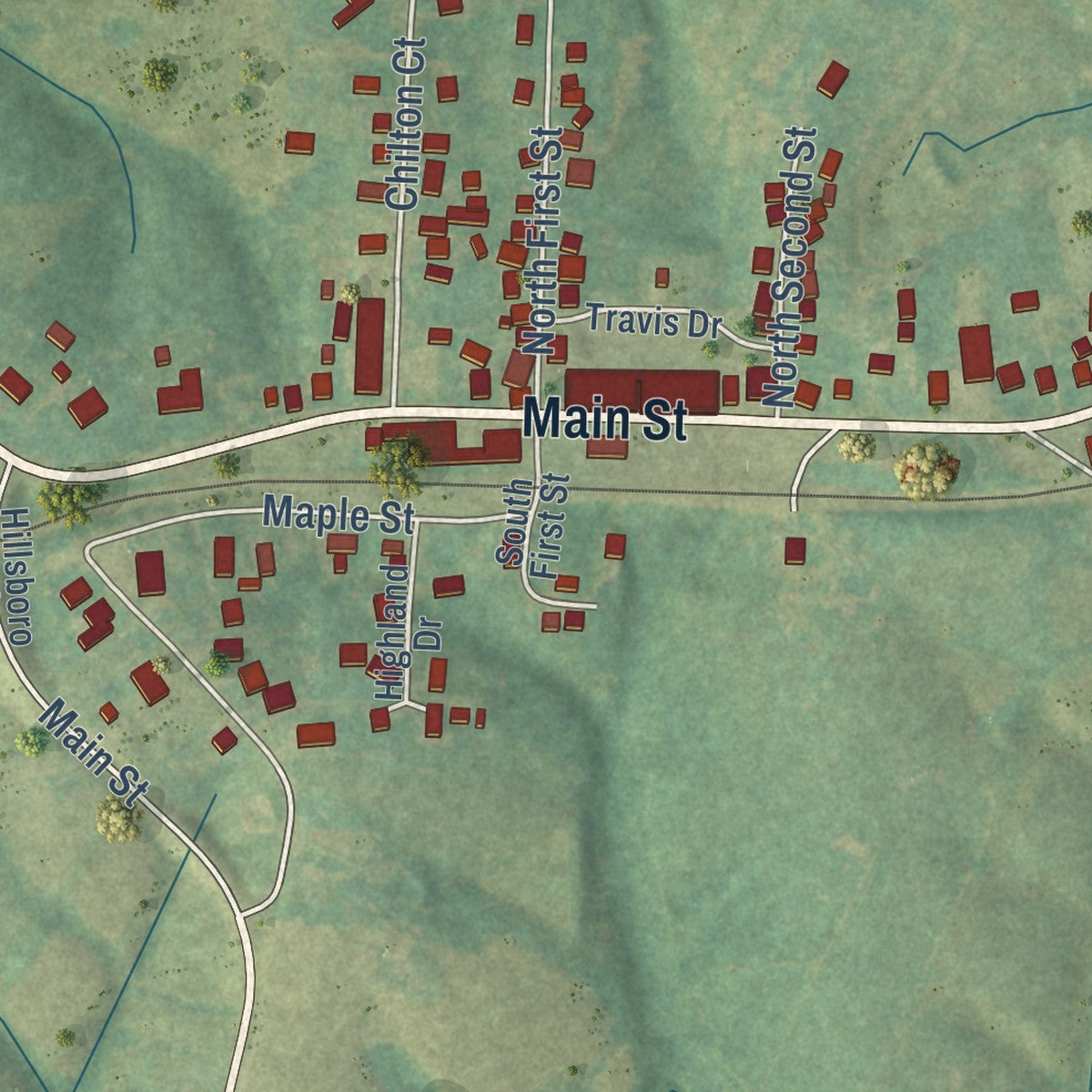 Close-up of the map of Campbellsburg, Kentucky print showing street and building detail