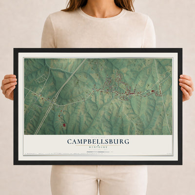Map of Campbellsburg, Kentucky, 12 x 18 inch print in a black wood frame