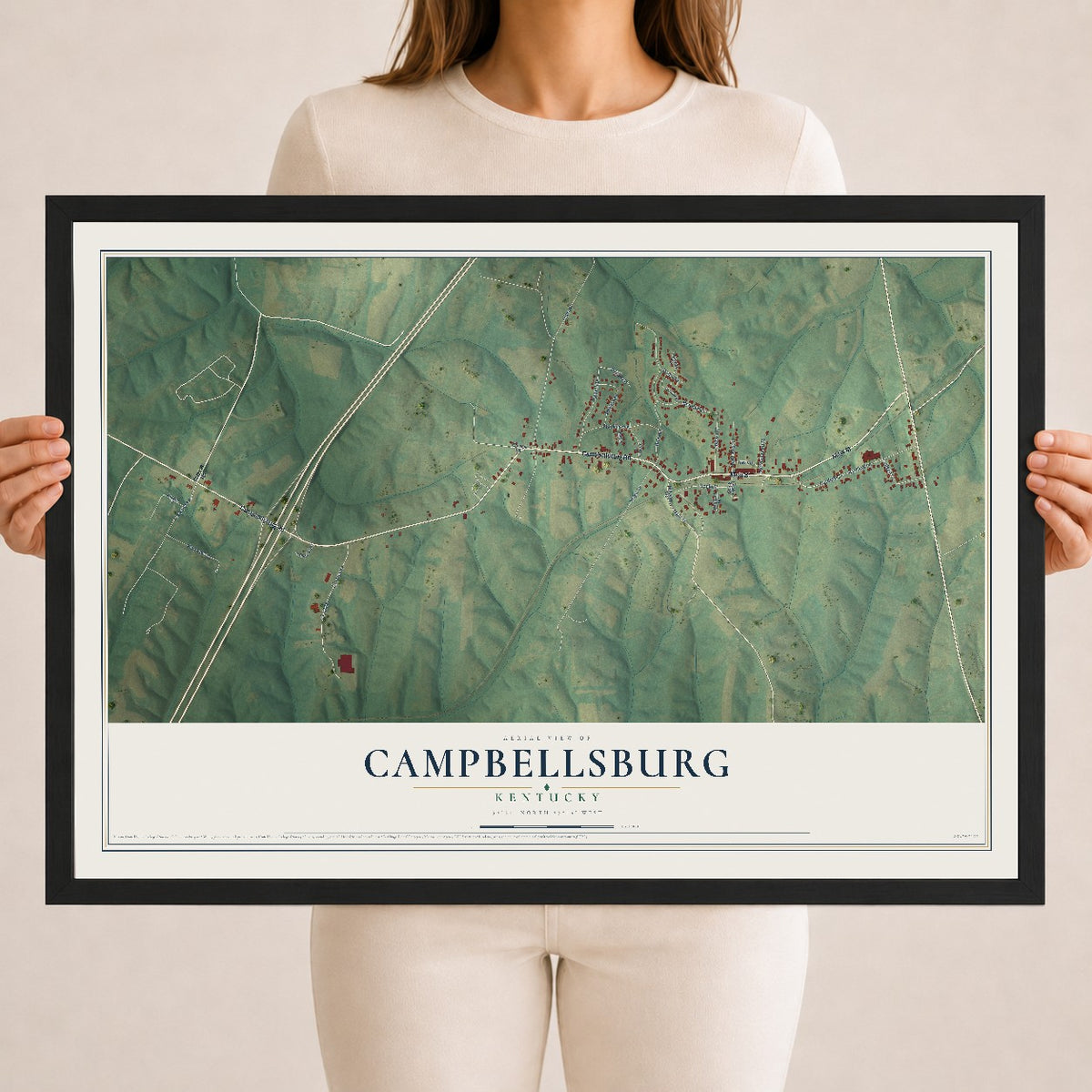 Map of Campbellsburg, Kentucky, 18 x 24 inch print in a black wood frame