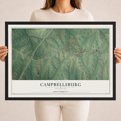 Map of Campbellsburg, Kentucky, 18 x 24 inch print in a black wood frame