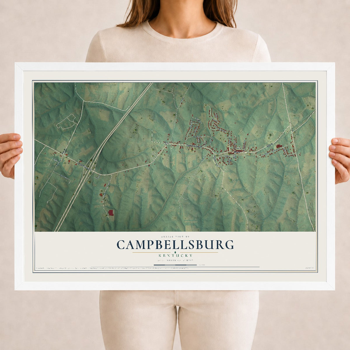 Map of Campbellsburg, Kentucky, 18 x 24 inch print in a white wood frame