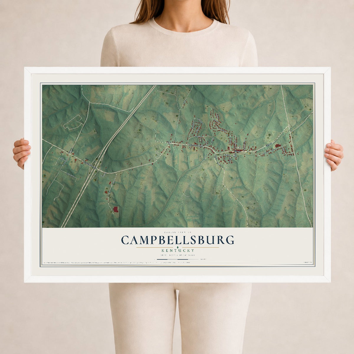 Map of Campbellsburg, Kentucky, 24 x 36 inch print in a white wood frame