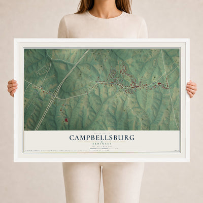 Map of Campbellsburg, Kentucky, 24 x 36 inch print in a white wood frame