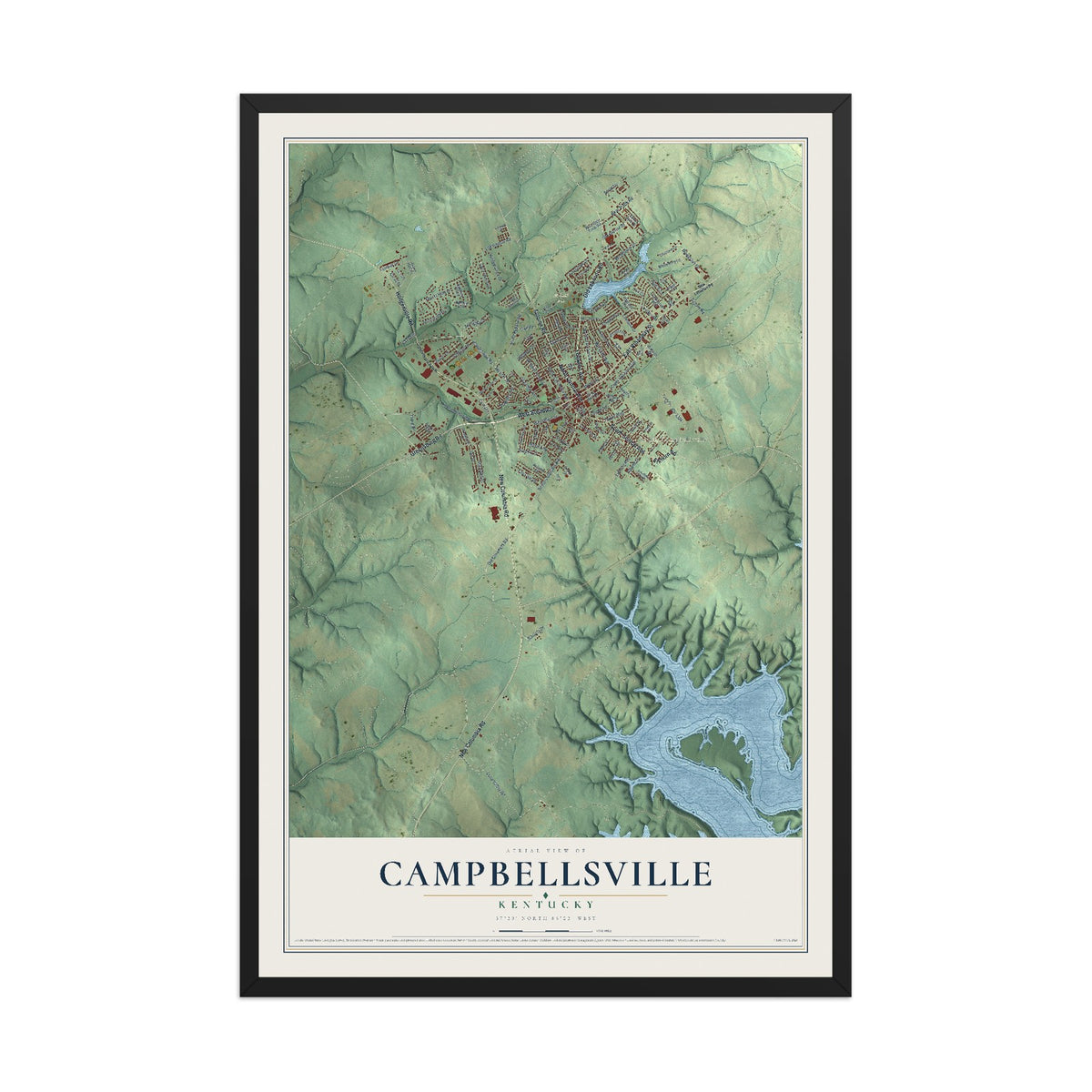 Map of Campbellsville, Kentucky, 12 x 18 inch print in a black wood frame