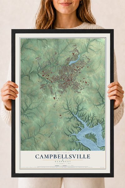 Map of Campbellsville, Kentucky, 18 x 24 inch print in a black wood frame