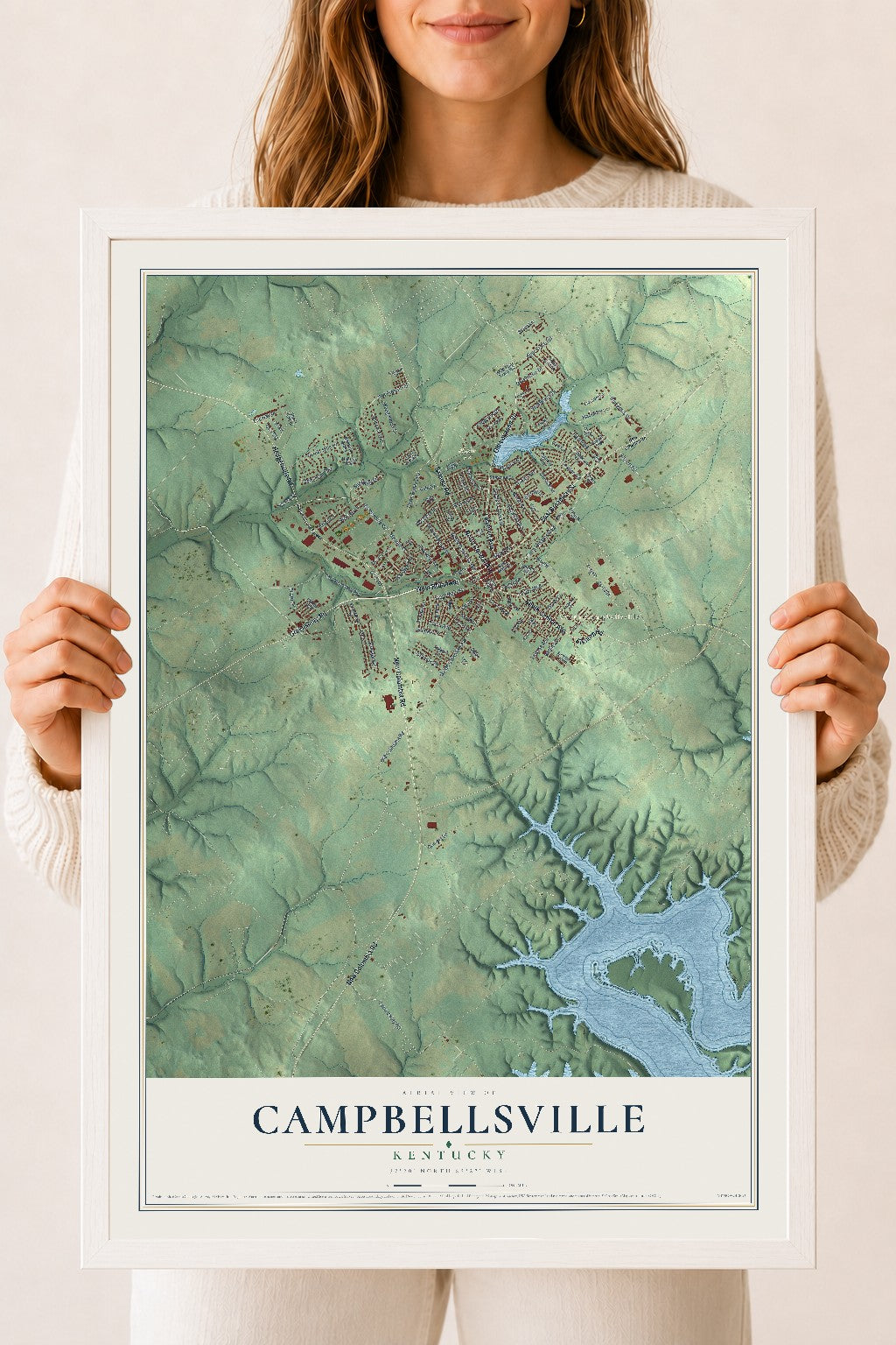 Map of Campbellsville, Kentucky, 18 x 24 inch print in a white wood frame