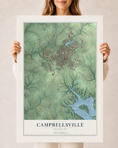 Map of Campbellsville, Kentucky, 24 x 36 inch print in a white wood frame