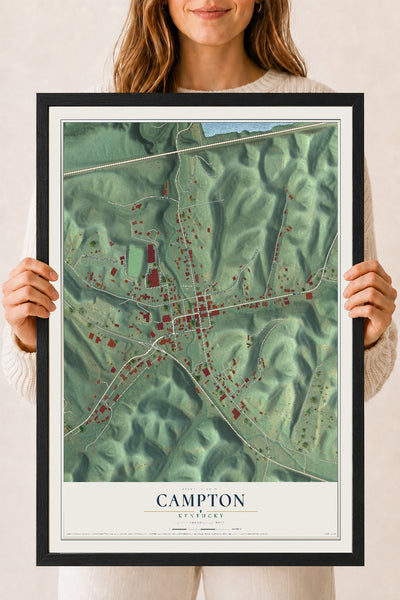 Map of Campton, Kentucky, 18 x 24 inch print in a black wood frame