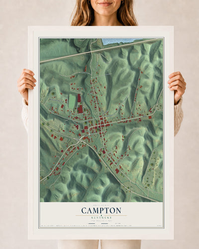 Map of Campton, Kentucky, 24 x 36 inch print in a white wood frame