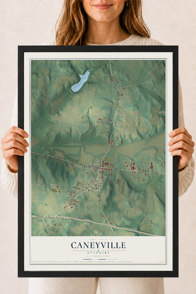 Map of Caneyville, Kentucky, 18 x 24 inch print in a black wood frame