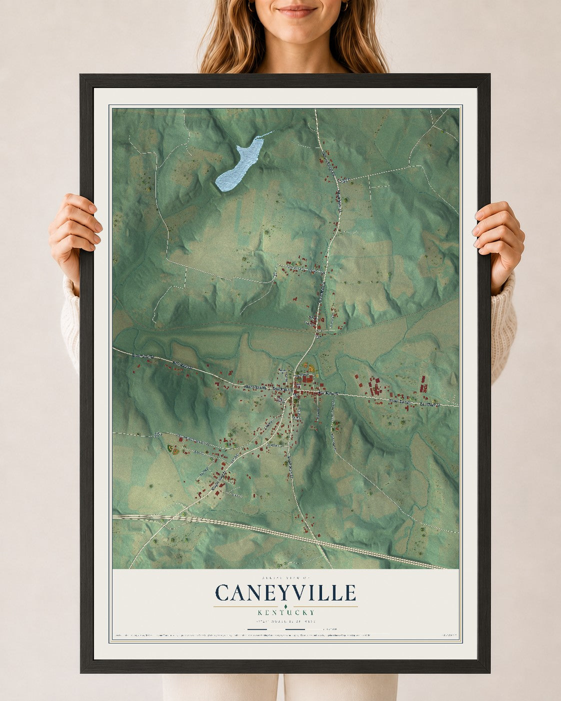 Map of Caneyville, Kentucky, 24 x 36 inch print in a black wood frame