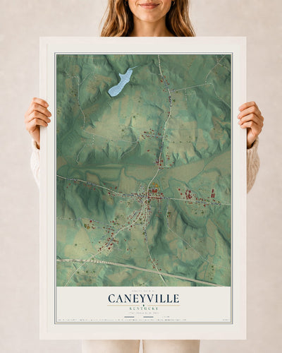 Map of Caneyville, Kentucky, 24 x 36 inch print in a white wood frame