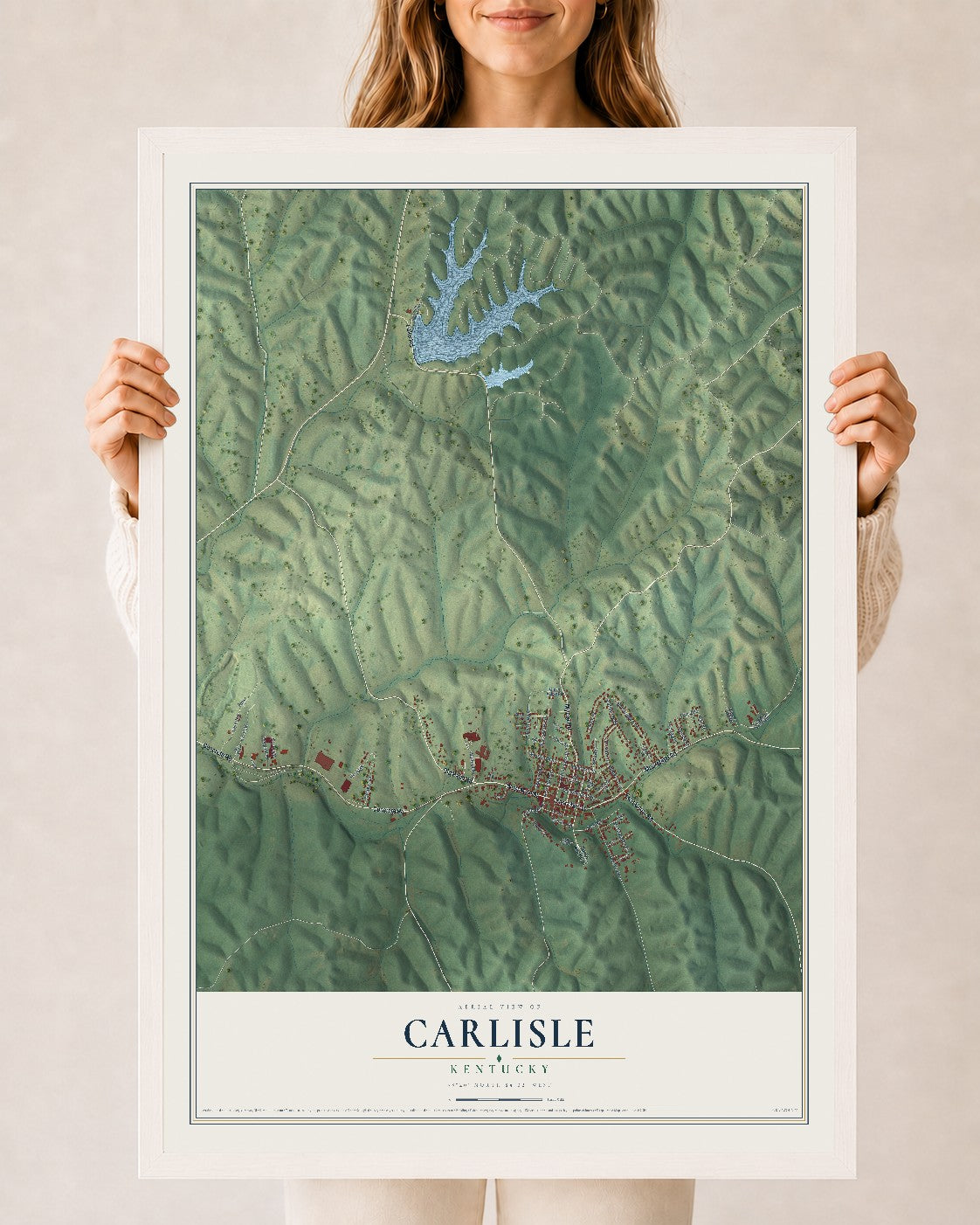 Map of Carlisle, Kentucky, 24 x 36 inch print in a white wood frame