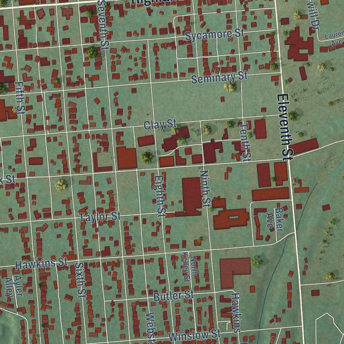 Close-up of the map of Carrollton, Kentucky print showing street and building detail