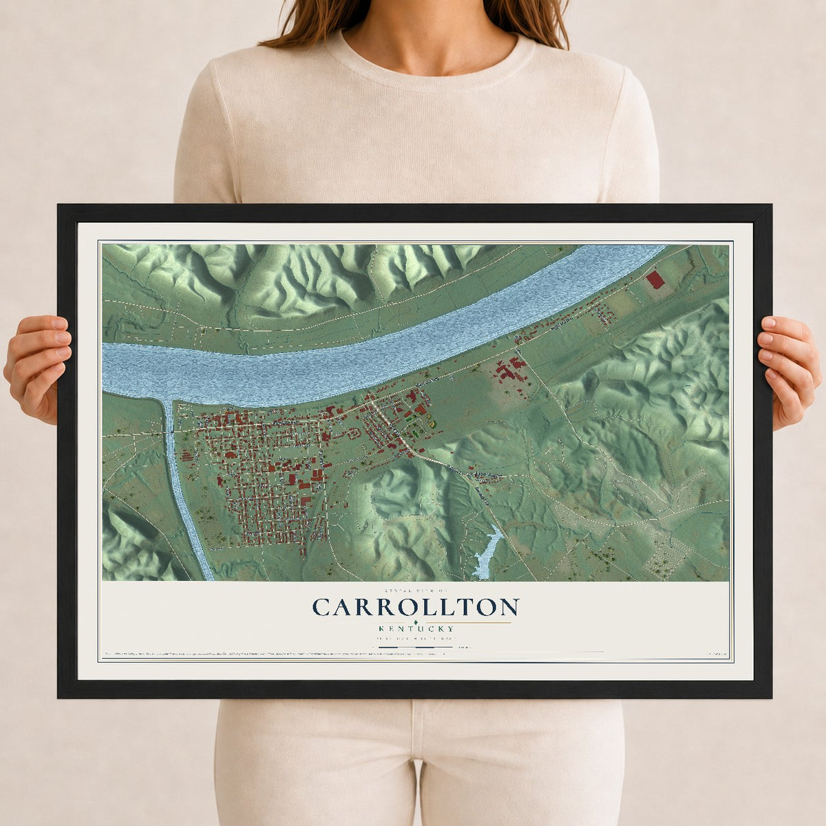 Map of Carrollton, Kentucky, 12 x 18 inch print in a black wood frame