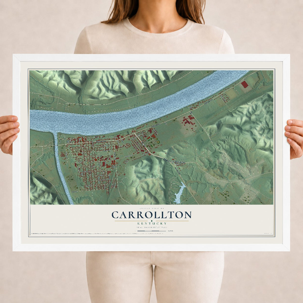 Map of Carrollton, Kentucky, 18 x 24 inch print in a white wood frame