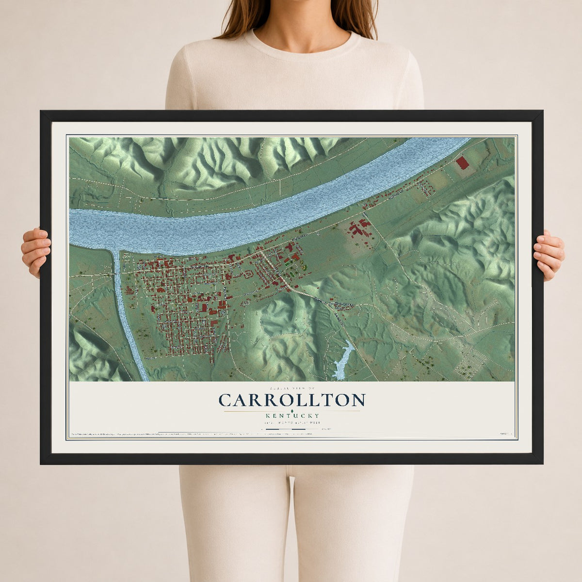 Map of Carrollton, Kentucky, 24 x 36 inch print in a black wood frame