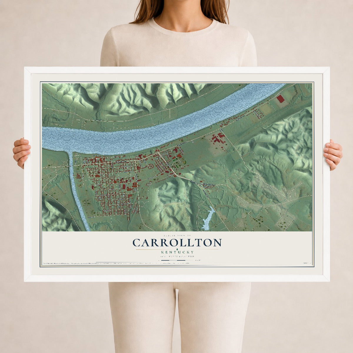 Map of Carrollton, Kentucky, 24 x 36 inch print in a white wood frame