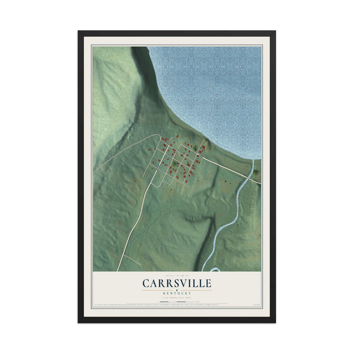 Map of Carrsville, Kentucky, 12 x 18 inch print in a black wood frame