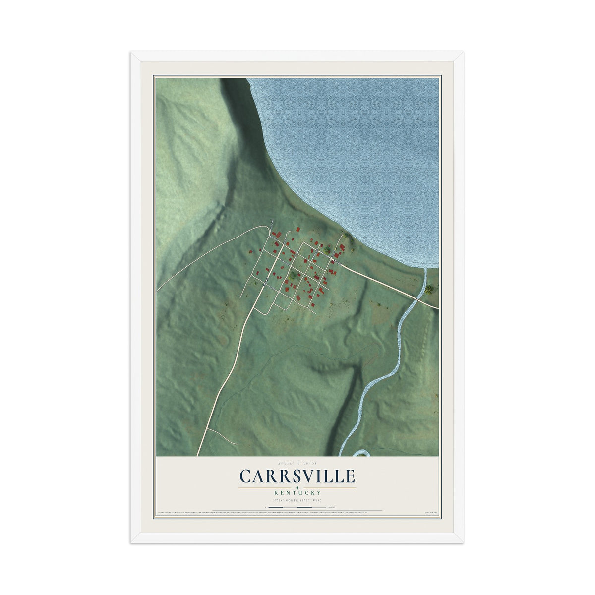 Map of Carrsville, Kentucky, 12 x 18 inch print in a white wood frame