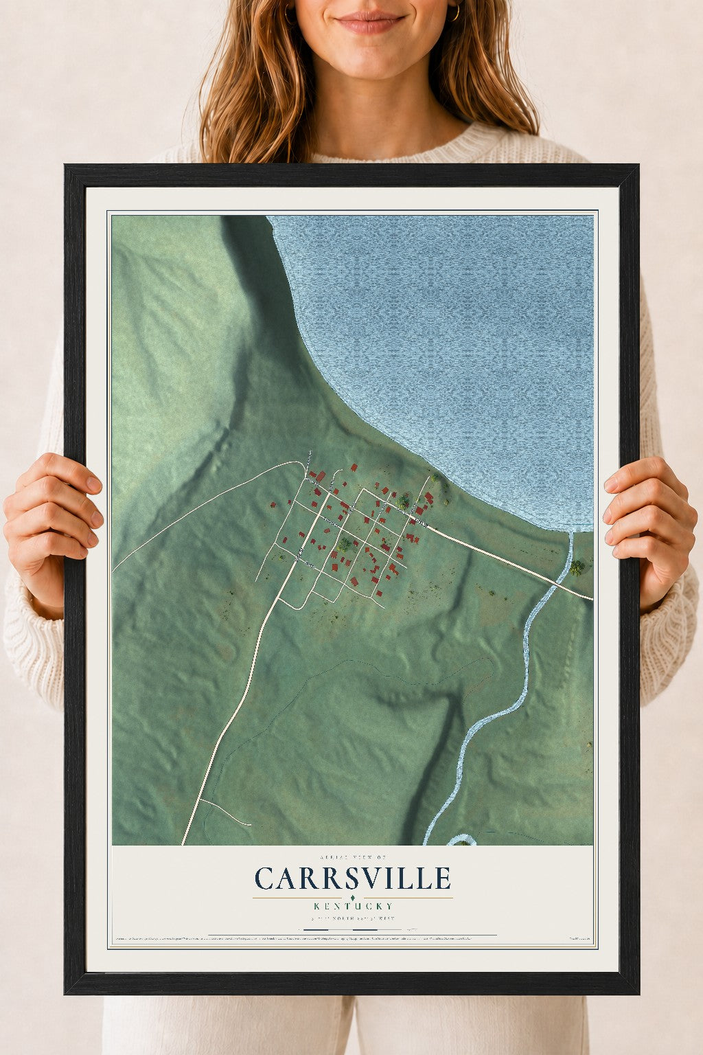Map of Carrsville, Kentucky, 18 x 24 inch print in a black wood frame